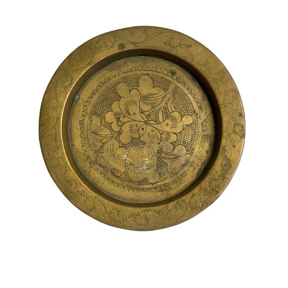 VTG Ashtray Trinket Dish Handcrafted Brass Floral Engraved Decorative Accent 4" - Picture 2 of 4